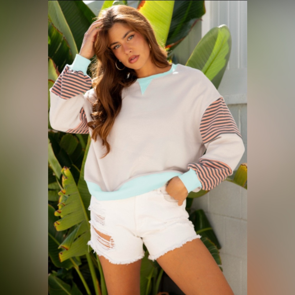 Jet Stream Striped Colorblock Patchwork Drop Shoulder Sweatshirt womens luxury